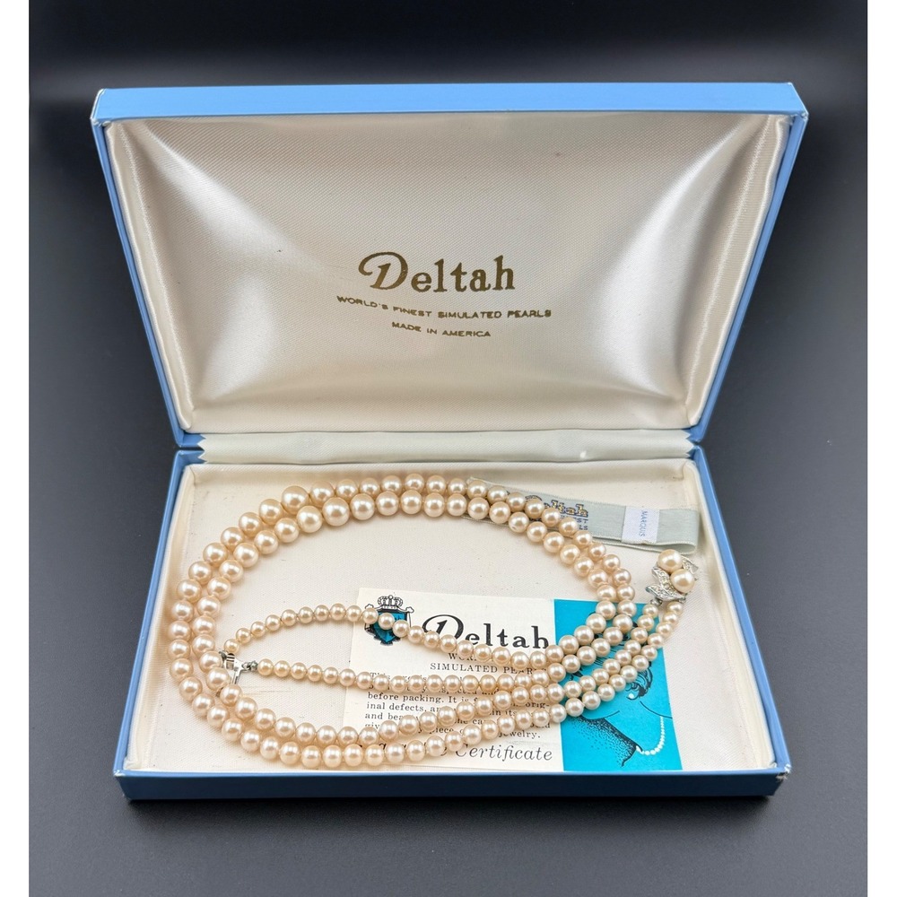 Deltah Double Strand Simulated Pearl Necklace 16in Cream Graduated Vintage Box